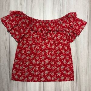 Suzanne Betro Red Floral Off the Shoulder Ruffle Top M Boho